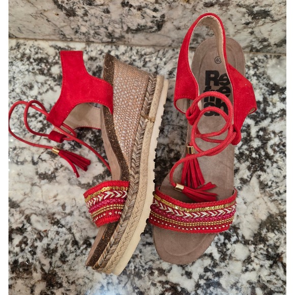 Refresh Shoes - Refresh Red Boho Beaded Espadrille Wedge Sandals Ankle Tie Tassel  40 EU 9.5 US